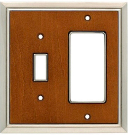 126476 Satin Nickel and Dark Caramel Wood Insert Single Switch GFCI Cover Plate