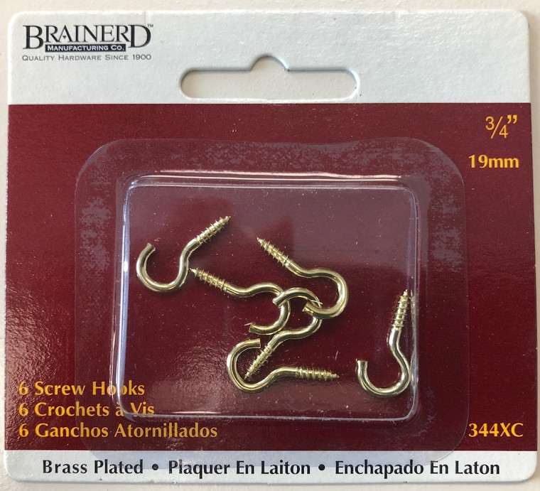 Brainerd 344XC 3/4" Screw Hooks Brass Plated 6 Pack