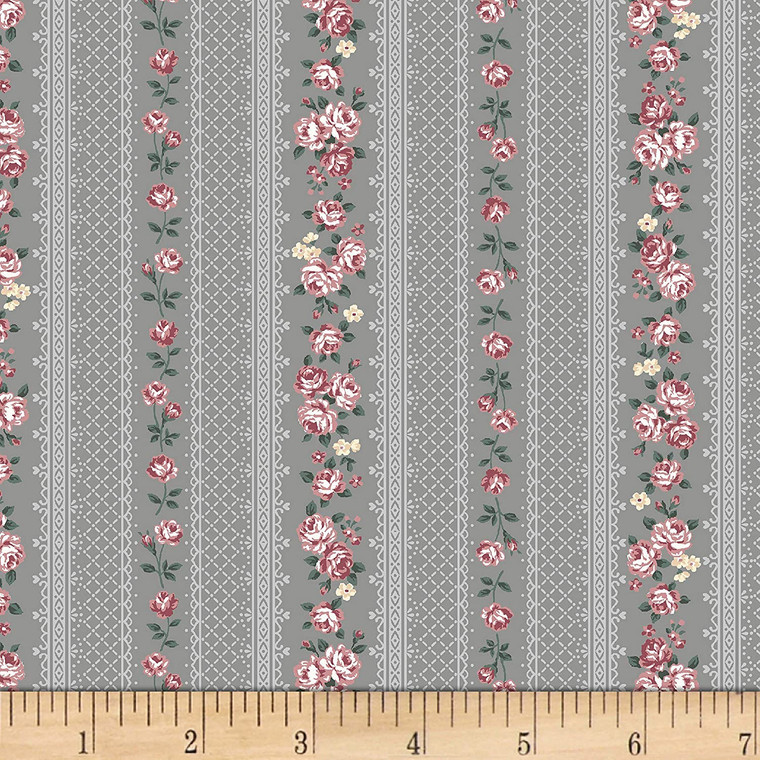 Stof Fabrics 4501-043 Emily Roses Row of Roses Gray Cotton Fabric By The Yard Stof Fabrics 4501-043 Emily Roses Row of Roses Gray Cotton Fabric By The Yard