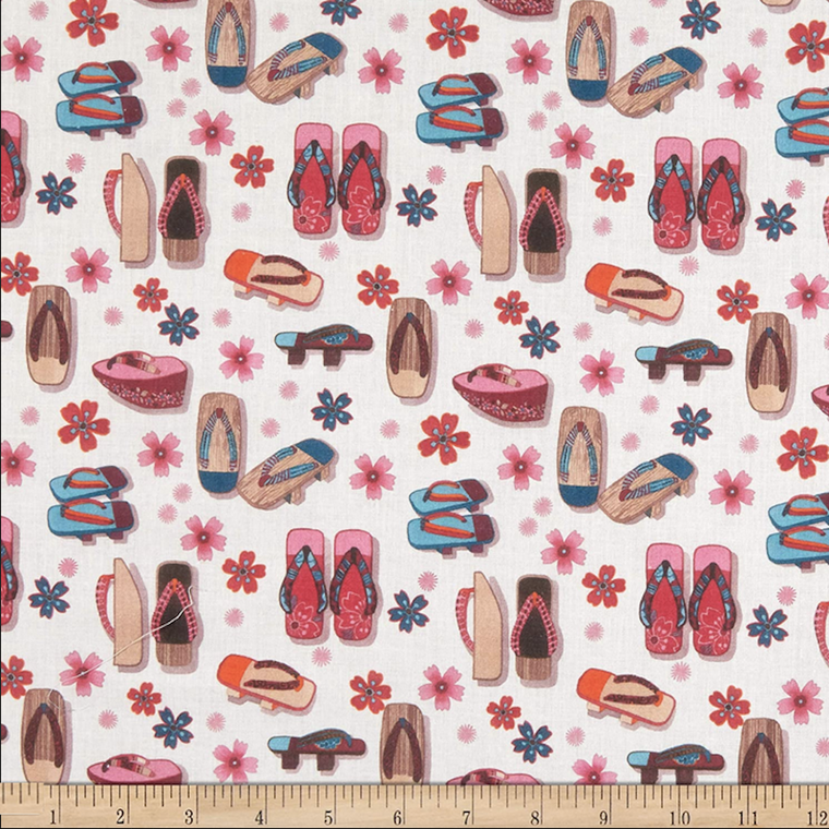 Stof of France Tokyo Wooden Sandals Pink Cotton Quilting Fabric By The Yard Stof of France Tokyo Wooden Sandals Pink Cotton Quilting Fabric By The Yard