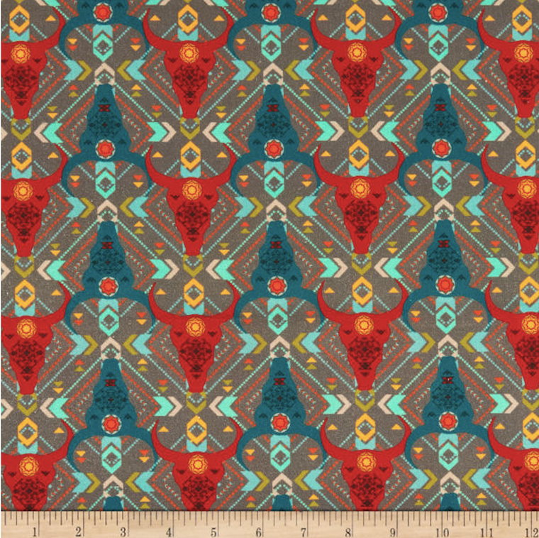 Stof of France Massacre Bull Teal Cotton Quilting Fabric By The Yard