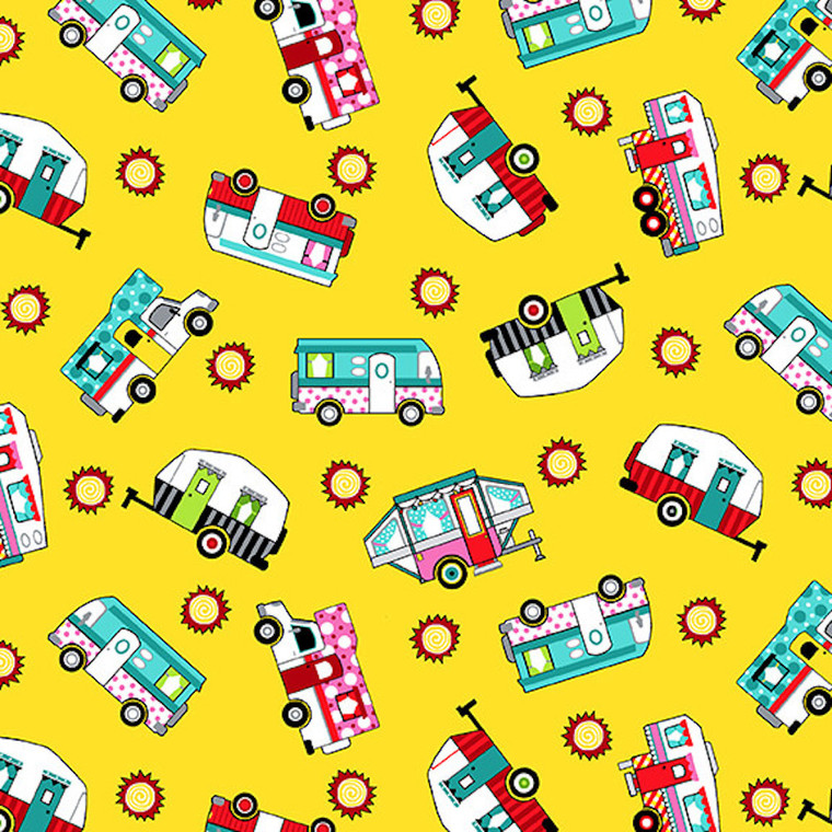 Studio E Roamin' Holiday 5502-44 Tossed Campers Yellow Cotton Fabric By Yard Studio E Roamin' Holiday 5502-44 Tossed Campers Yellow Cotton Fabric By Yard