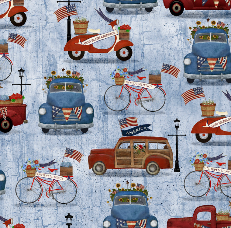 3 Wishes 17345 Patriotic Summer Vehicle Blue Cotton Fabric By The Yard 3 Wishes 17345 Patriotic Summer Vehicle Blue Cotton Fabric By The Yard