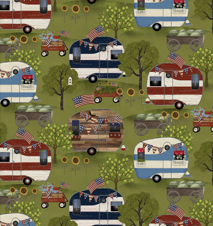 3 Wishes 17348 Patriotic Summer Campers Green Cotton Fabric By The Yard 3 Wishes 17348 Patriotic Summer Campers Green Cotton Fabric By The Yard