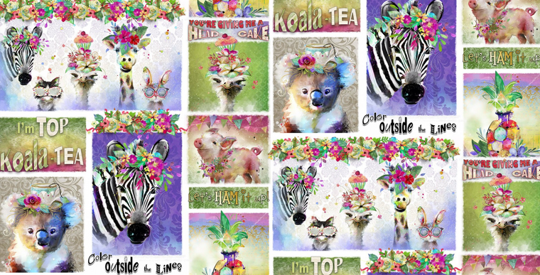 3 Wishes 17320 Party Animals Animal Phrases White Cotton Fabric By The Yard