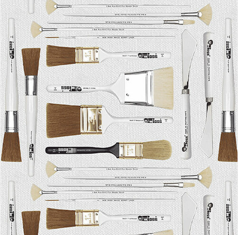 Studio E Bob Ross Joy of Painting Brushes Gray Cotton Fabric by The Yard