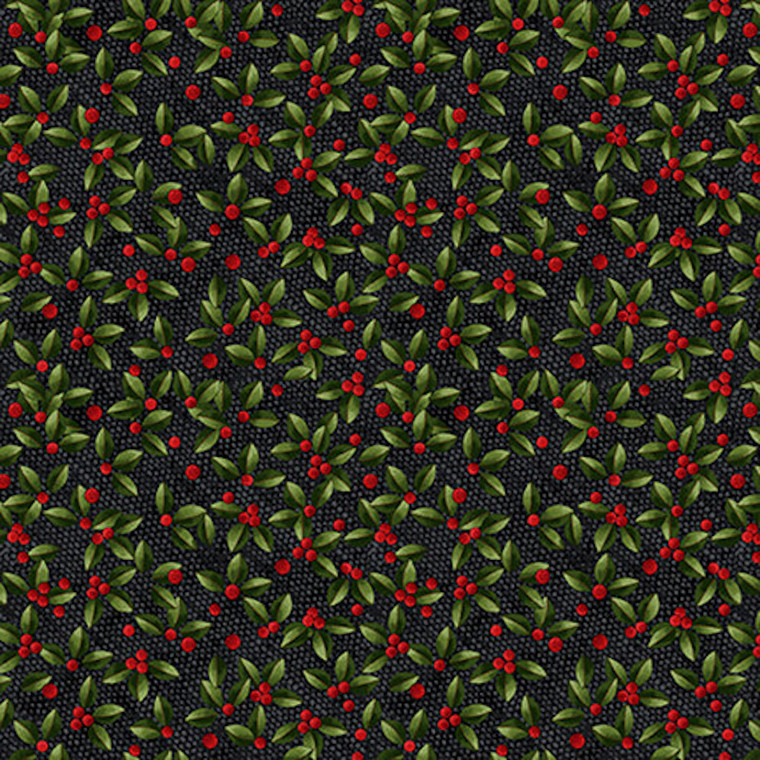 Henry Glass Frozen In Time Holly Black Cotton Fabric By The Yard
