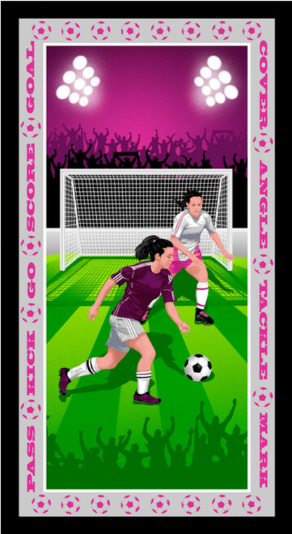 Studio e Born to Score Free Kick Girl Banner Panel Fuchsia Cotton Fabric By The Yard