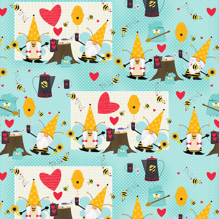 Studio E Honey Bee Gnomes Scenic Blue Cotton Fabric By Yard