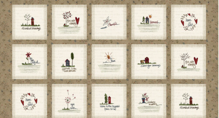 Henry Glass Bluebird of Happiness Blocks Khaki Fabric By Yard