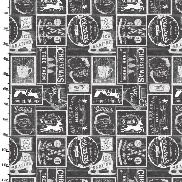3 Wishes A Christmas To Remember Vintage Patch Charcoal Cotton Fabric By Yard
