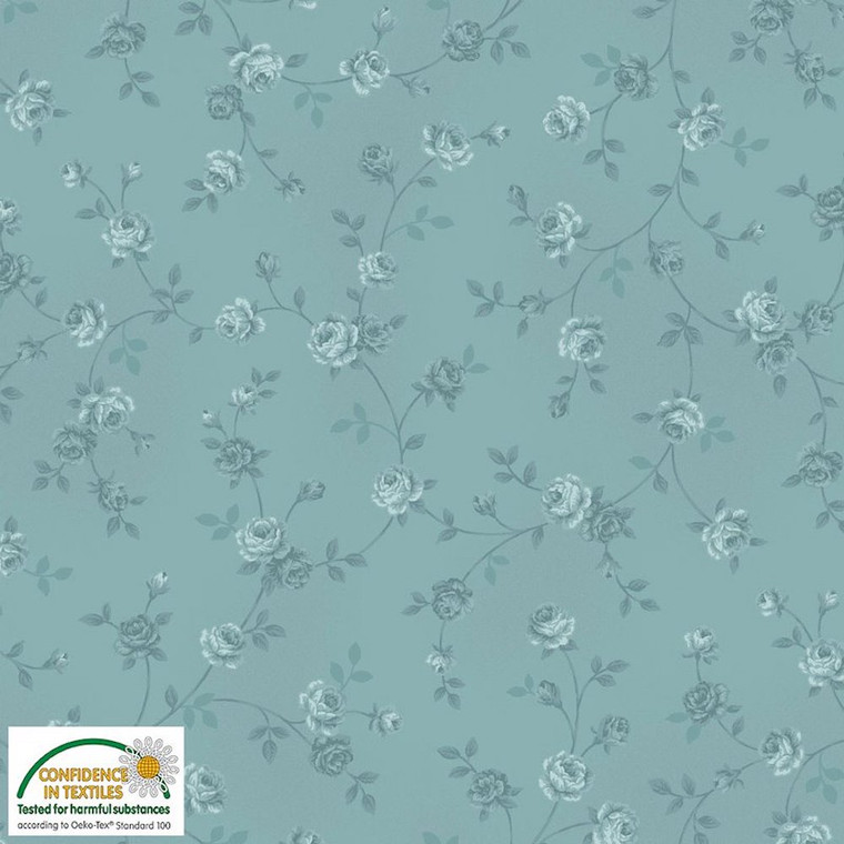 Stof Ellie Roses Monotone Roses Teal Cotton Fabric By The Yard