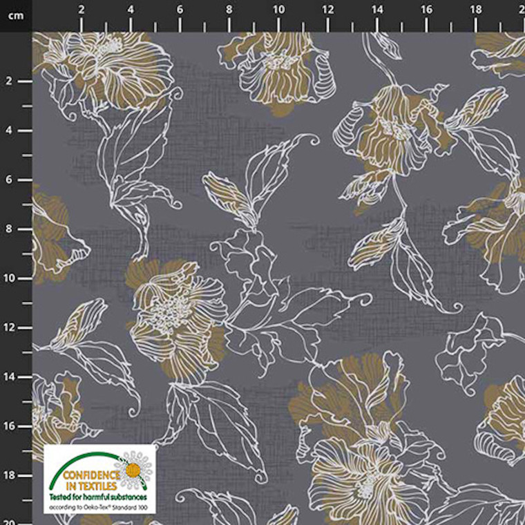Stof Biloba Wild Rose Dancing Floral Grey Cotton Fabric By The Yard