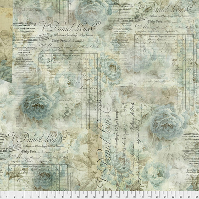 Tim Holtz Foundations Memorandum Receipt Aqua Cotton Fabric By The Yard