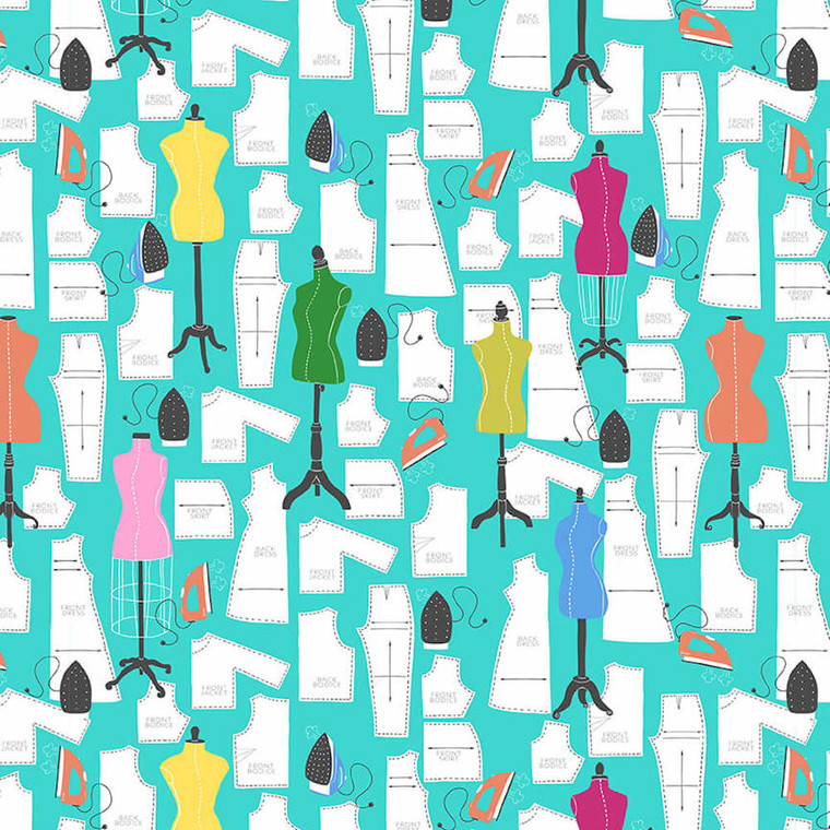 Blank Quilting Handmade With Love Sewing Patterns & Manequins Turquoise Fabric By The Yard