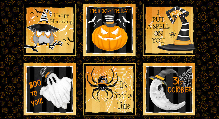 Henry Glass Olde Salem Black Hat Society 24" Block Panel Glow Fabric By The Panel Henry Glass Olde Salem Black Hat Society 24" Block Panel Glow Fabric By The Panel