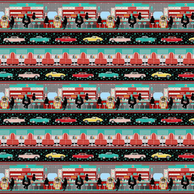Blank Quilting Diners & Drive-Ins Border Stripe Multi Cotton Fabric By The Yard Blank Quilting Diners & Drive-Ins Border Stripe Multi Cotton Fabric By The Yard