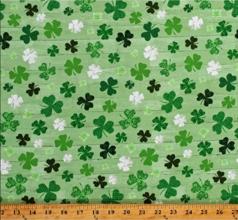 Henry Glass Hello Lucky Clover on Wood Grain Green Cotton Fabric By Yard