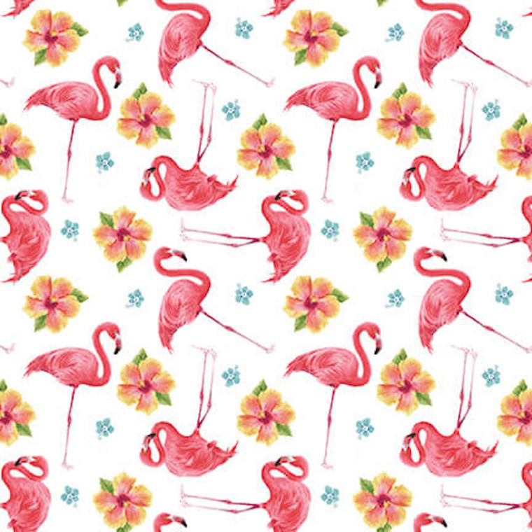 Henry Glass Pink Paradise Tossed Flamingos White Fabric By Yard