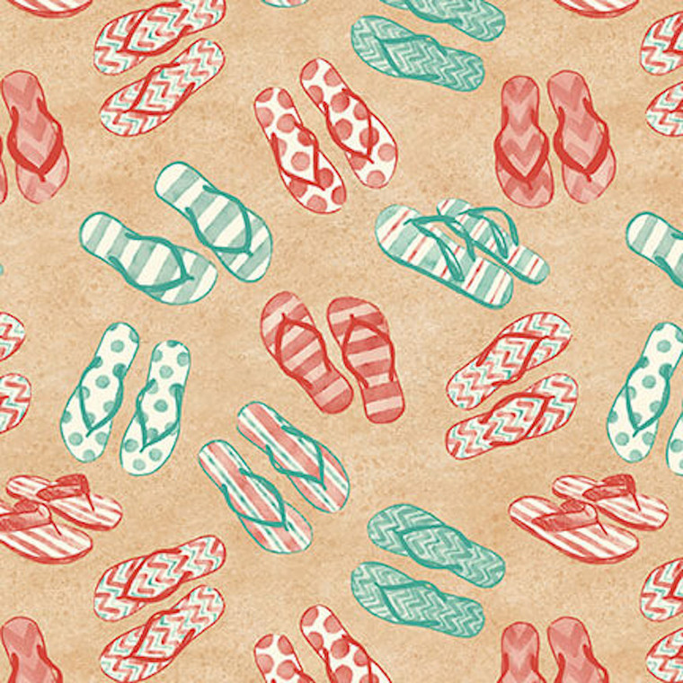Blank Quilting Beachy Keen Tossed Flip Flops Sand Cotton Fabric By The Yard