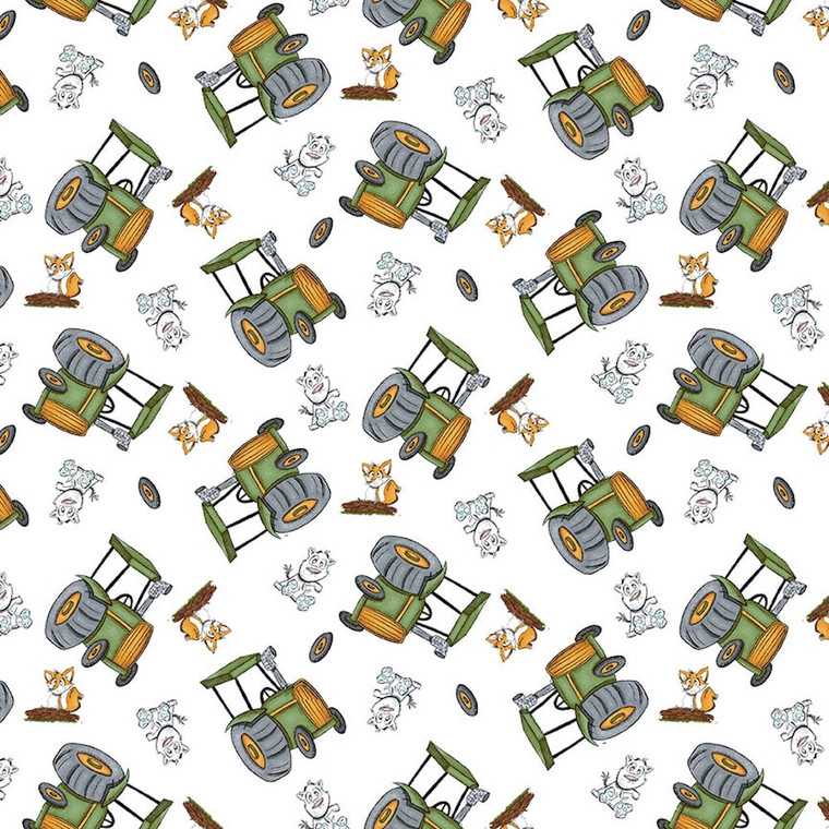 StudioE Farmyard Tails Tossed Tractors White Cotton Fabric By The Yard StudioE Farmyard Tails Tossed Tractors White Cotton Fabric By The Yard