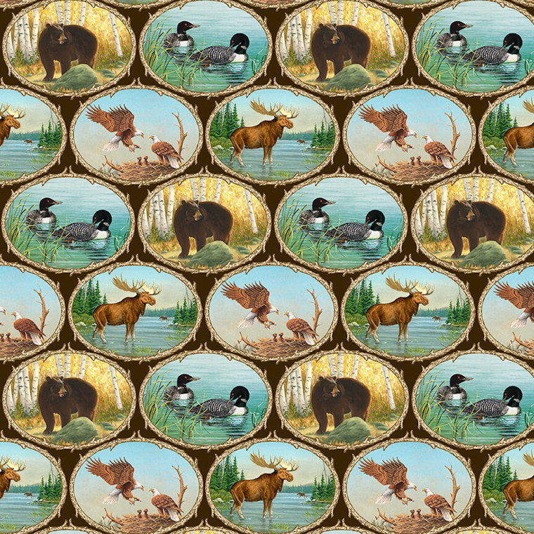 Studio E Along The Valley Wildlife Medallions Brown Cotton Fabric By Yard