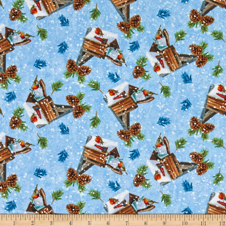 Henry Glass Winter Cottage Mailbox & Birds Lt Blue Fabric By The Yard