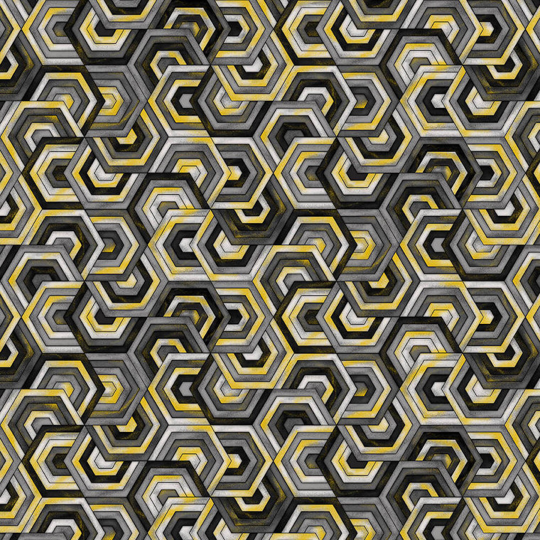 Henry Glass Black, White & 24 Karat Hexi Geo Black Cotton Fabric By The Yard