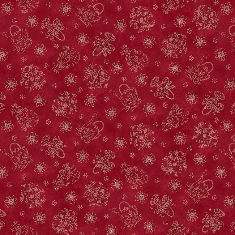 Henry Glass Memories in Redwork Tossed Allover Novelty Scarlet Cotton Fabric By The Yard