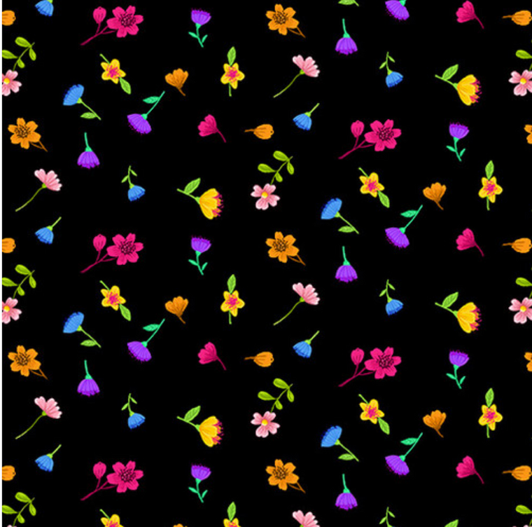 Henry Glass Tree House Tiny Tossed Floral Black Cotton Fabric By Yard