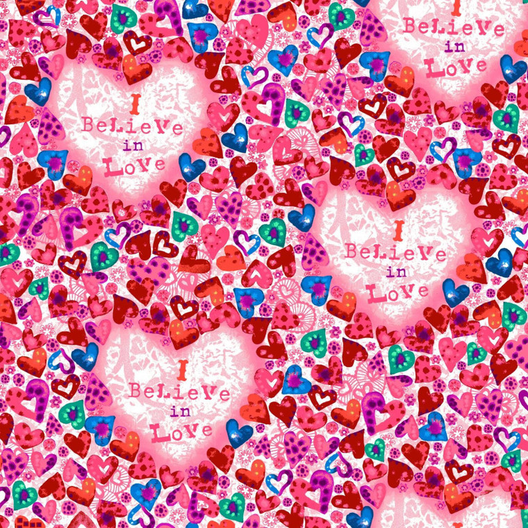 Studio E Color My Valentine Words w/ Small Hearts Pink Cotton Fabric By Yard