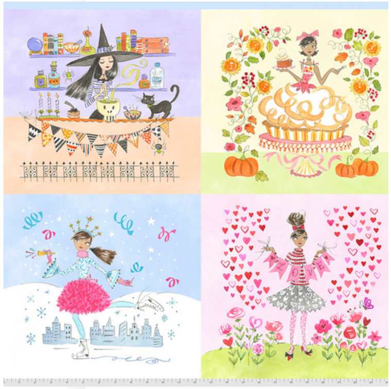 Anne Keenan Higgins Calendar Girls Fall Winter Cotton Fabric by The Panel Anne Keenan Higgins Calendar Girls Fall Winter Cotton Fabric by The Panel