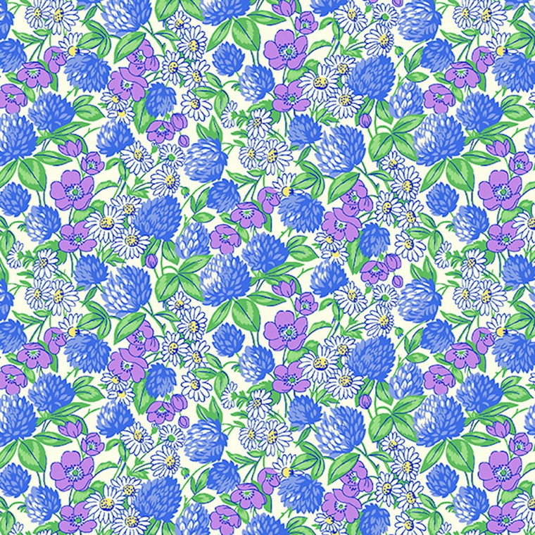 Henry Glass Nana Mae V Clover & Daisies Blue Cotton Fabric By The Yard