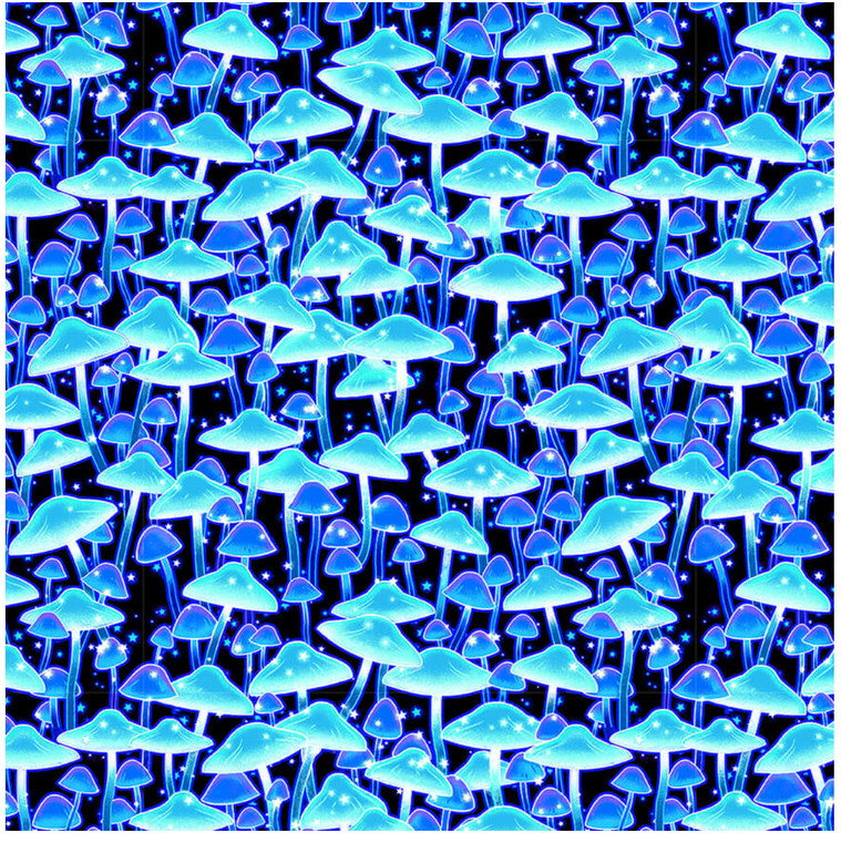 Henry Glass Magic Moon Garden Glow Mushrooms Black/Blue Cotton Fabric By The Yard