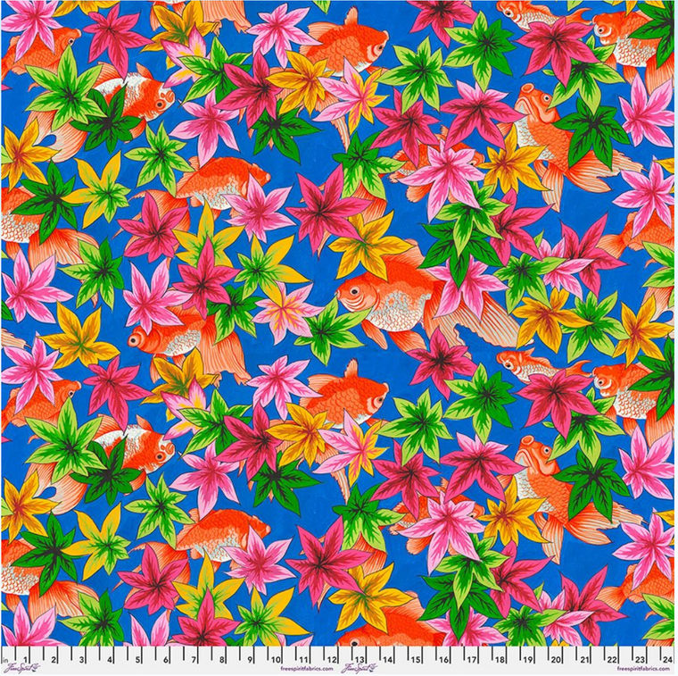 Snow Leopard Temple Garden Goldfish & Maple Blue Cotton Fabric By The Yard Snow Leopard Temple Garden Goldfish & Maple Blue Cotton Fabric By The Yard