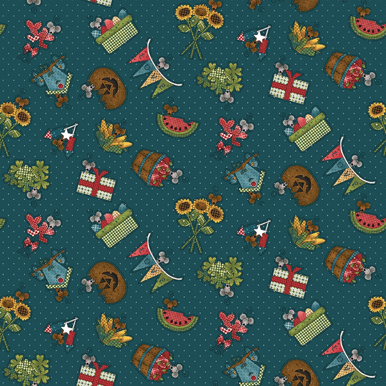 Henry Glass Hat On A Cat Seasonal Motifs Teal Cotton Fabric By The Yard