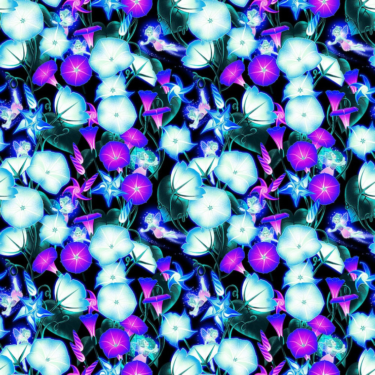Henry Glass Magic Moon Garden Glow Moonflowers Black Cotton Fabric By The Yard