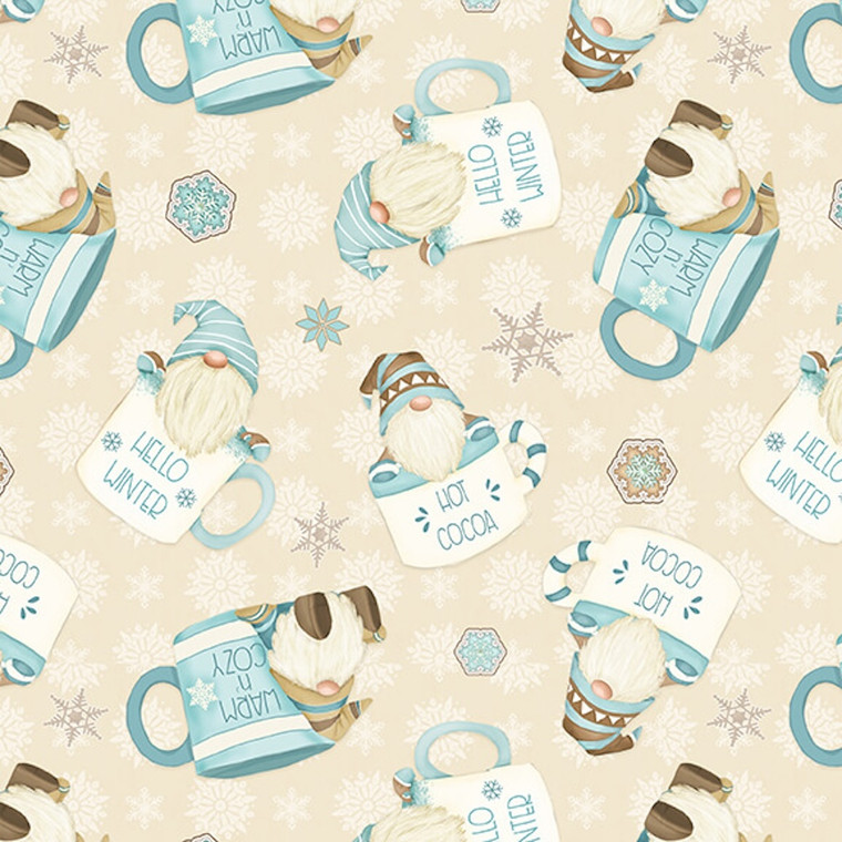 Henry Glass I Love Sn'Gnomies Hot Cocoa Cup Cream Cotton Flannel Fabric By The Yard Henry Glass I Love Sn'Gnomies Hot Cocoa Cup Cream Cotton Flannel Fabric By The Yard