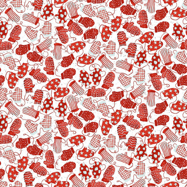 Henry Glass Bundle Up Mittens White & Red Cotton Fabric By The Yard Henry Glass Bundle Up Mittens White & Red Cotton Fabric By The Yard