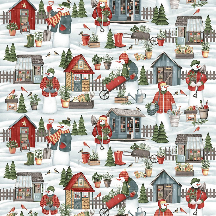 Henry Glass Gardening Snowmen Allover Lt Blue Cotton Fabric By The Yard Henry Glass Gardening Snowmen Allover Lt Blue Cotton Fabric By The Yard