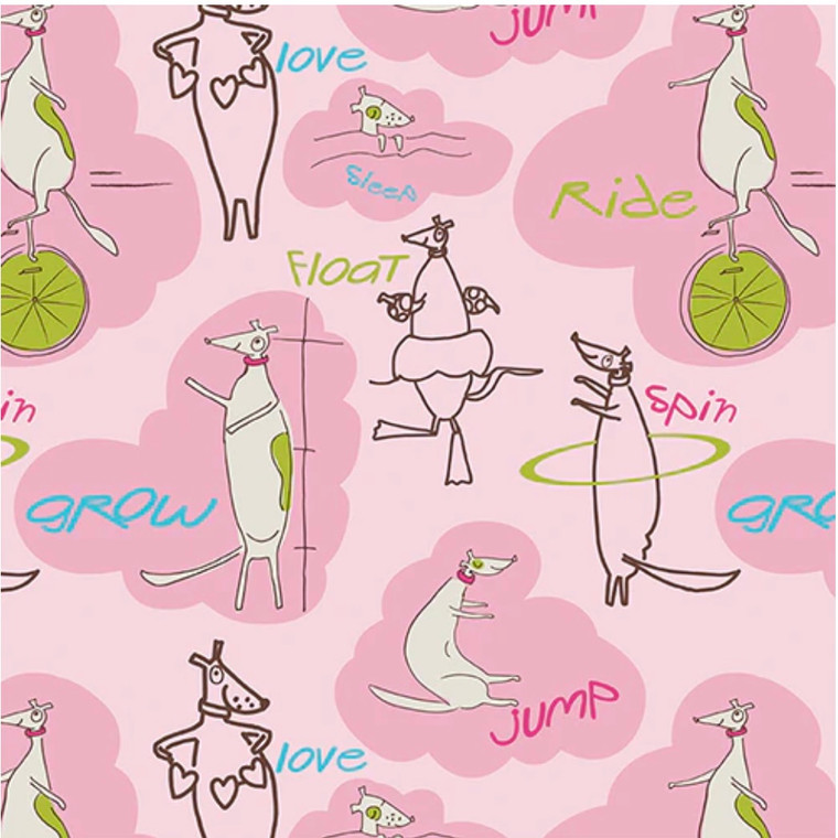 Paintbrush Studios Jump, Ride, Spin Dogs Play Pink Cotton Fabric By The Yard