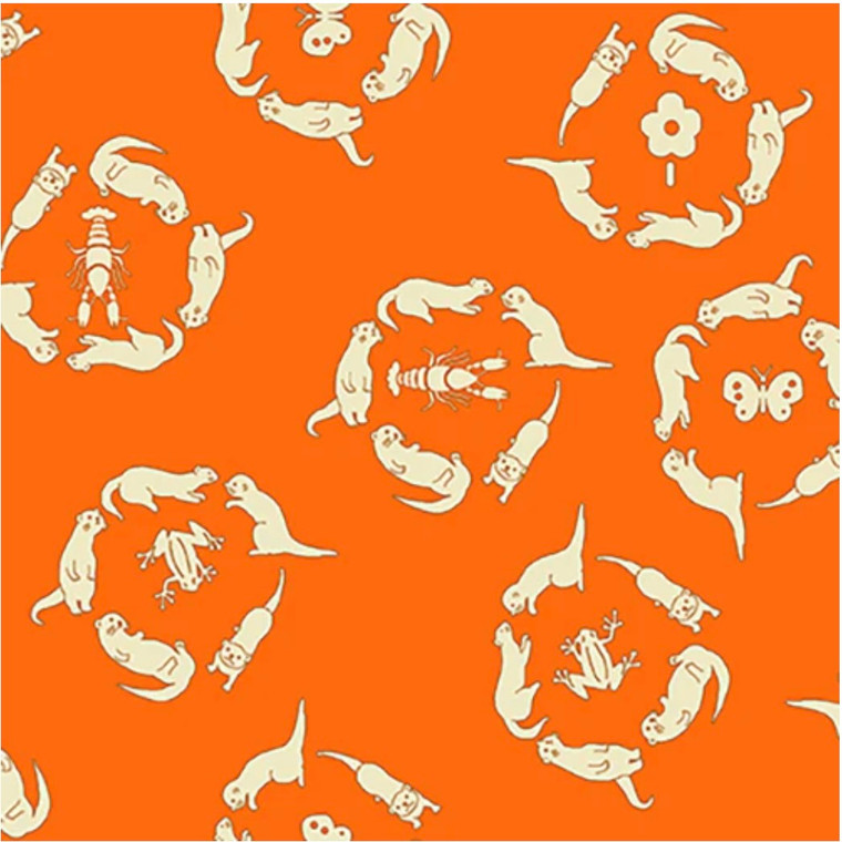 Paintbrush Studios Otter Romp In Circles Orange Cotton Fabric By The Yard
