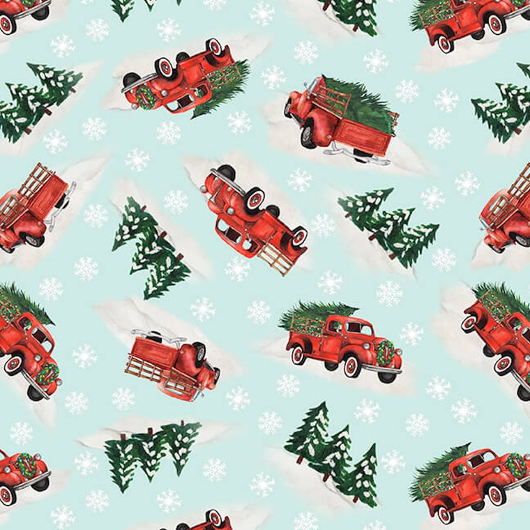 Blank Quilting Wintry Mix Tossed Red Trucks Mint Cotton Fabric By The Yard