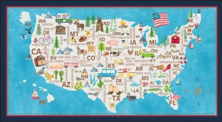 Blank Quilting Stateside Map Panel Blue Cotton Fabric By The Yard