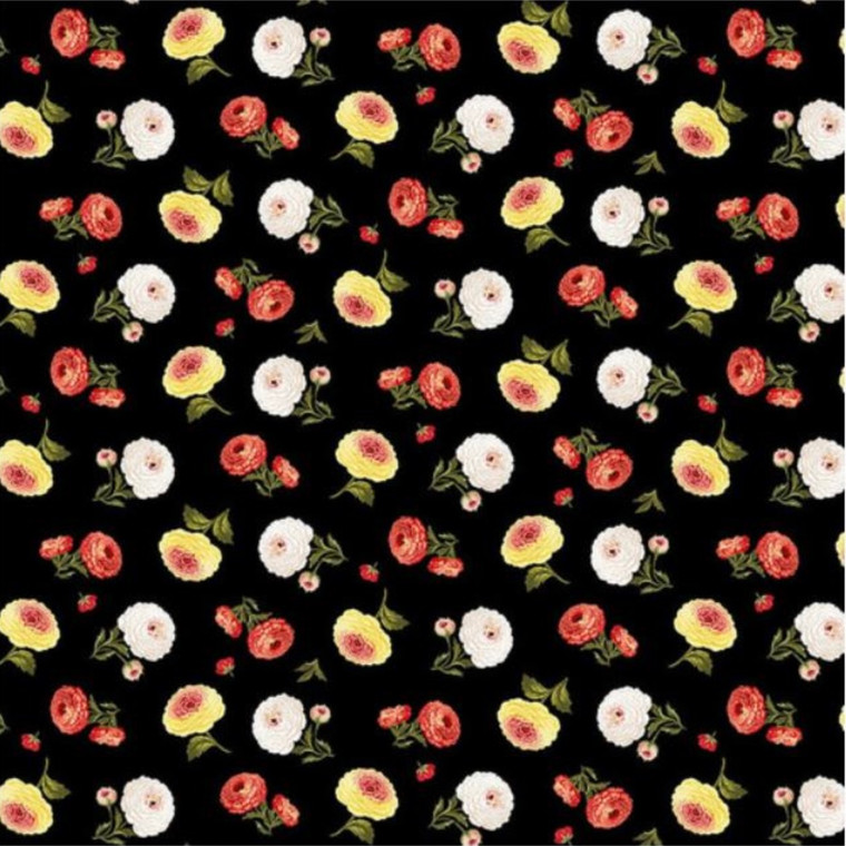 Henry Glass Flower Market Tossed Flowers Black/Multi Cotton Fabric By The Yard