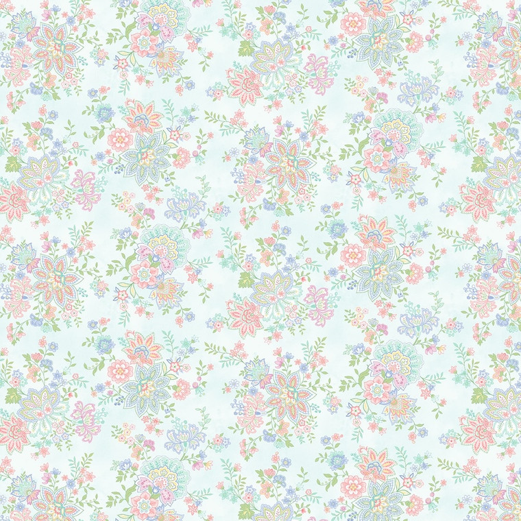 Henry Glass Dorothy Jean's Flowers Garden Flowers Spa Blue Cotton Fabric By The Yard