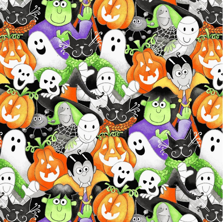 Henry Glass Here We Glow Halloween Packed Faces Black Cotton Fabric By The Yard