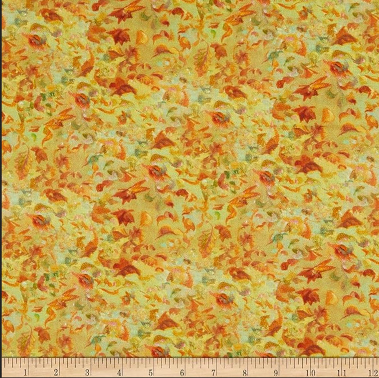 3 Wishes Spirit of Flight Leaves Gold Cotton Fabric By The Yard