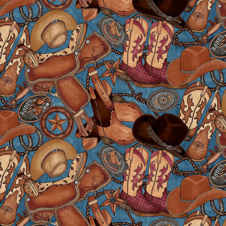 Blank Quilting My Hero Wears Cowboy Boots Boots & Hats Blue Cotton Fabric By The Yard
