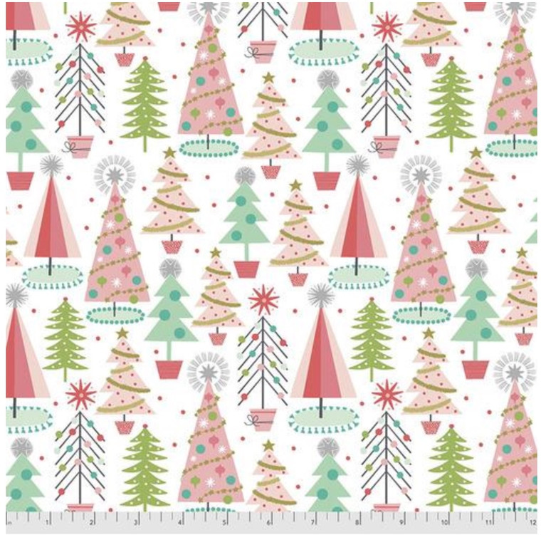 Free Spirit Maude Asbury FaLaLa Christmas Spruces White Cotton Fabric By Yd